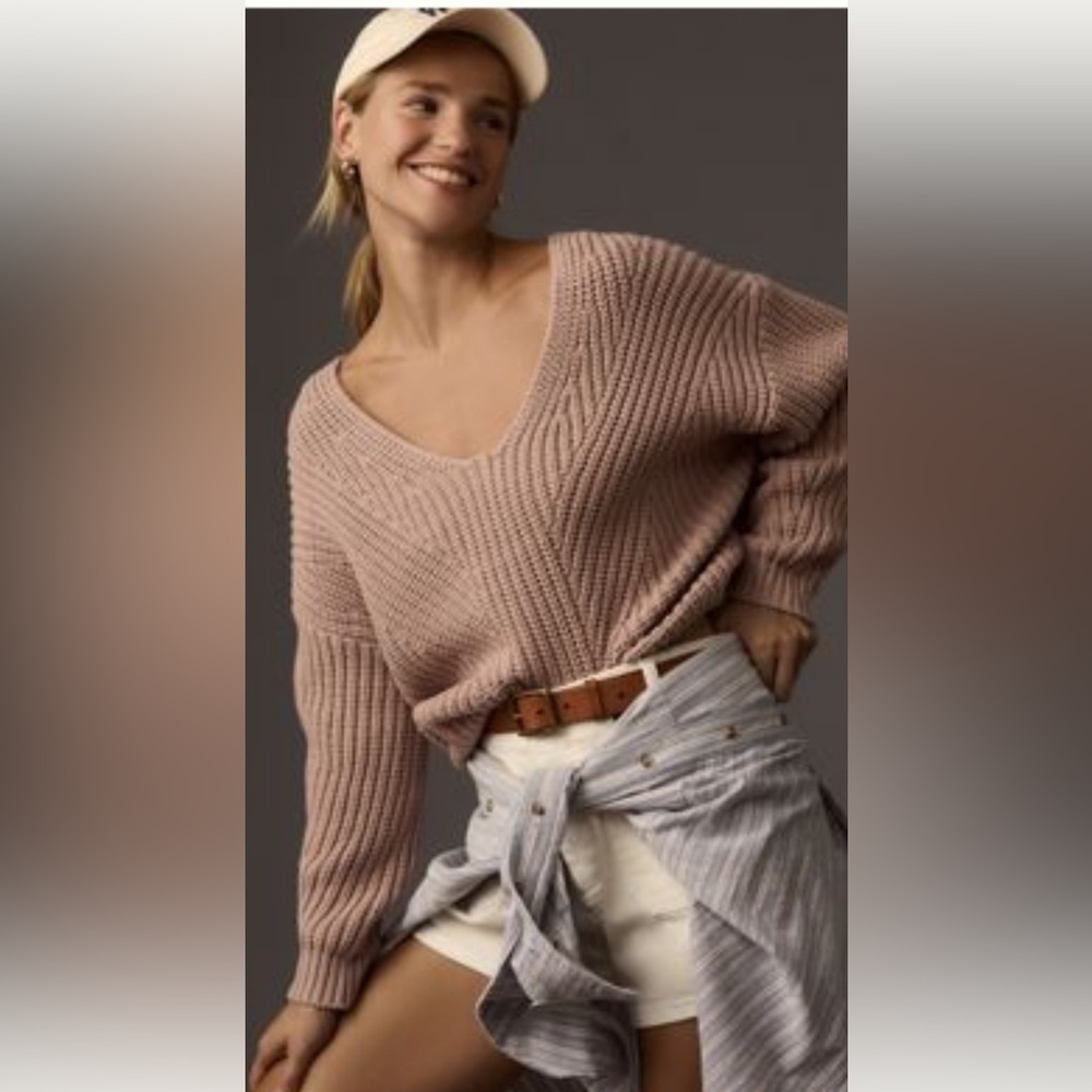 Anthropologie Maeve V-Neck Sculptured Pullover Knit Sweater, Medium